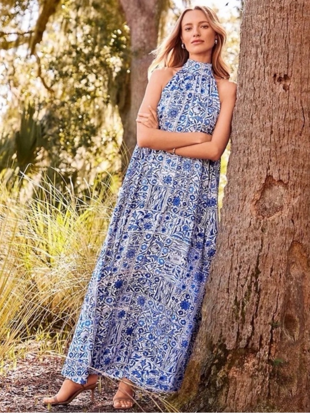 Ann Taylor Tile Print Halter Maxi Dress (Sz L)